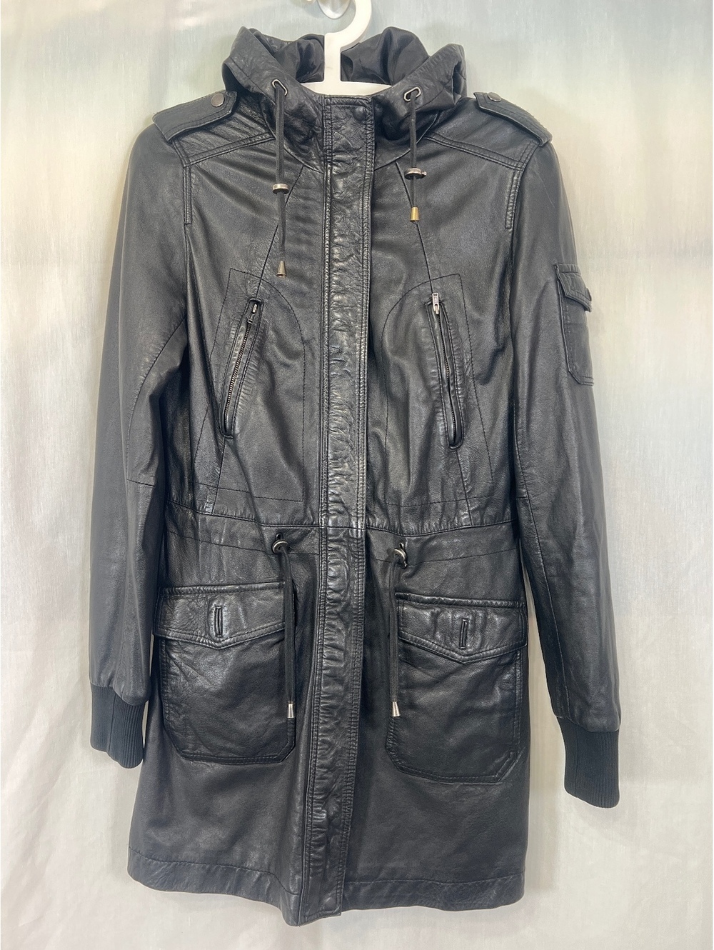 Vintage Danier Black Leather Military Cargo Utility Jacket Women's XS